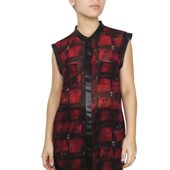 Rock & Republic Sleeveless Mesh Blouse Red & Black Plaid Edgy Button Up Medium - Picture 2 of 9